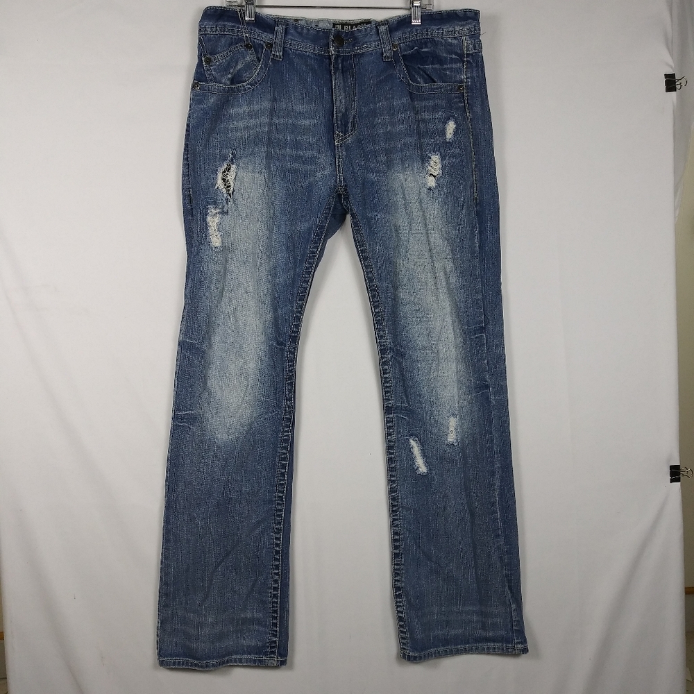 Black Premium Low Rise Boot Jeans Distressed Blue Denim Men's Size 36 x 34